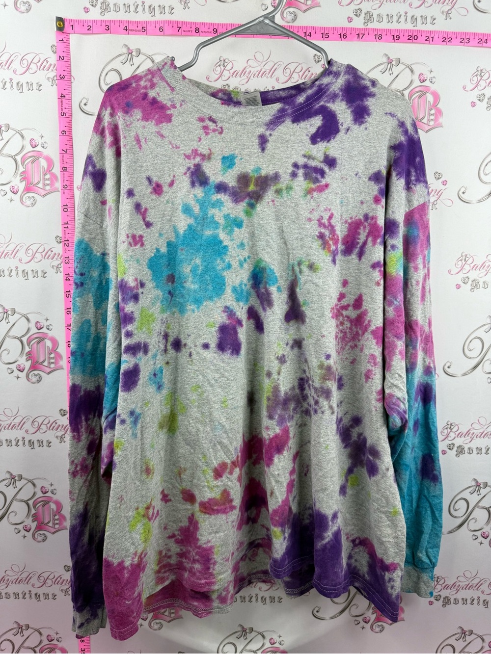 Gildan Gray Long Sleeve Crewneck with Purple, Blue, Pink & Green Tie-Dye